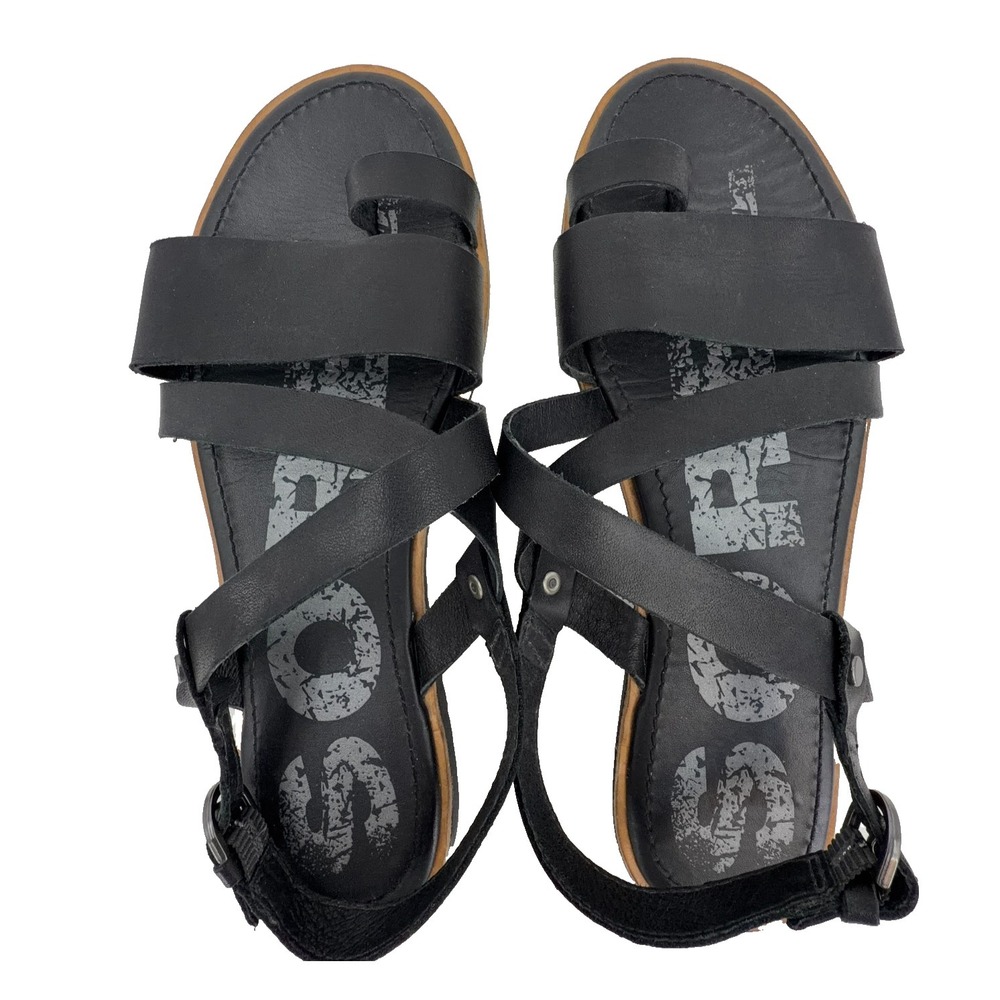 Sorel Black Leather Strappy Ella Slingback Sandals Toe Loop Womens 8.5